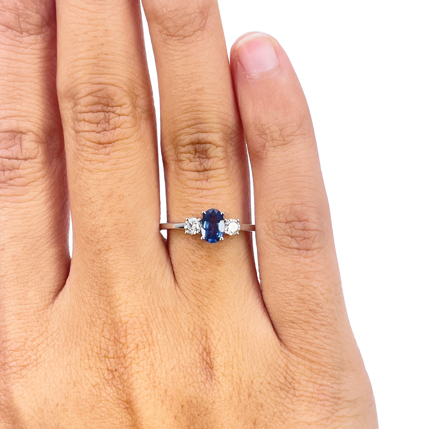 18ct Gold Natural Sapphire Diamond Three-Stone Ring Round & Oval Cut 0.65ct