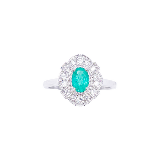 18ct Gold Natural Emerald Diamond Halo Ring Round & Oval Cut 0.65ct