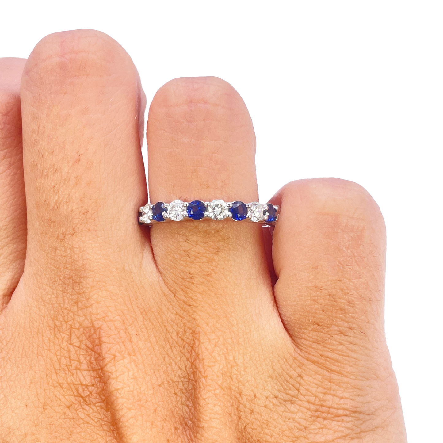 18ct Gold Natural Round Diamond & Sapphire Half Eternity Stackable Band 1.20ct