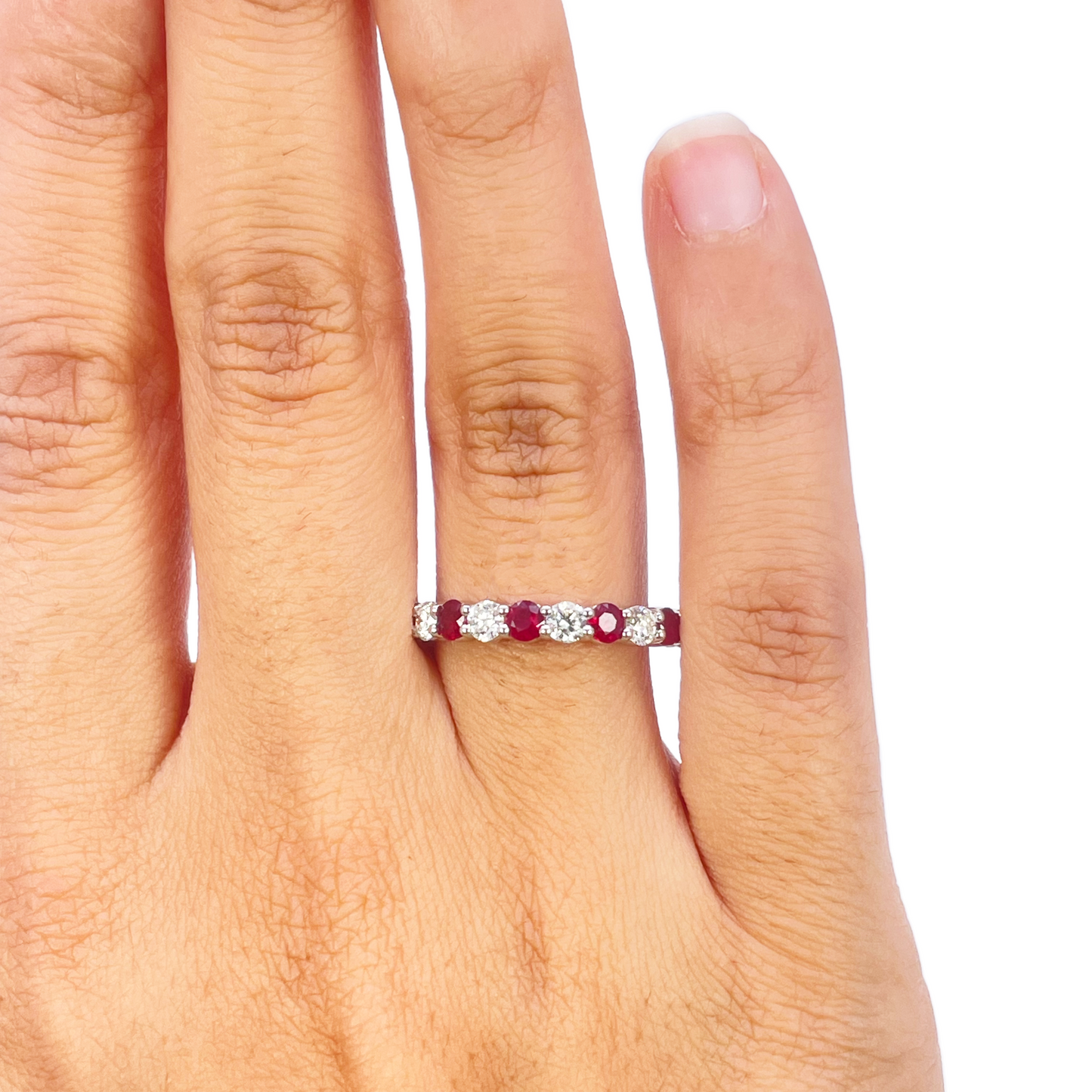 18ct Gold Natural Round Diamond & Ruby Half Eternity Stackable Band 1.05ct