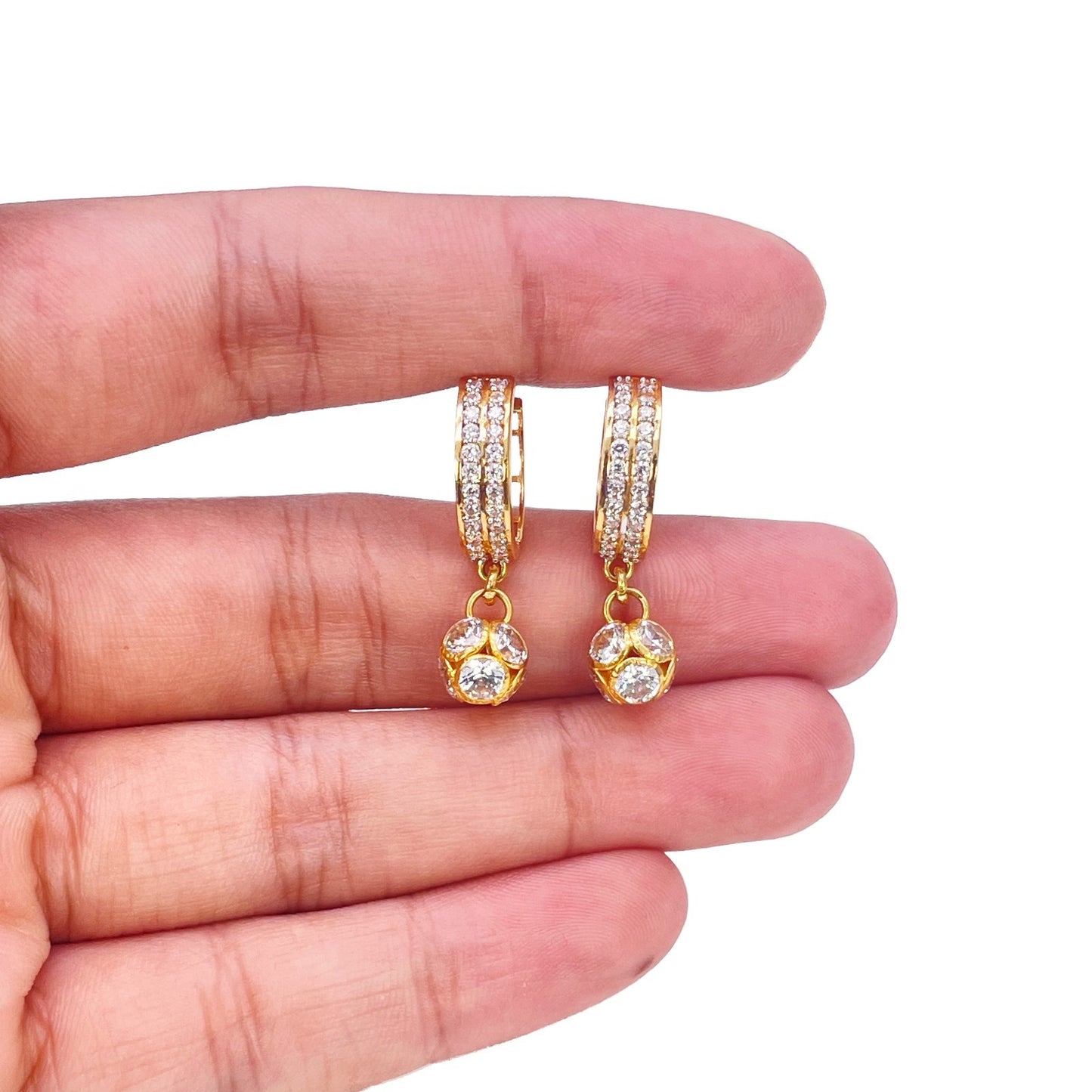 22ct Yellow Gold Double Row CZ Huggie Hoop Ball Drop Earrings 11.3mm Diameter