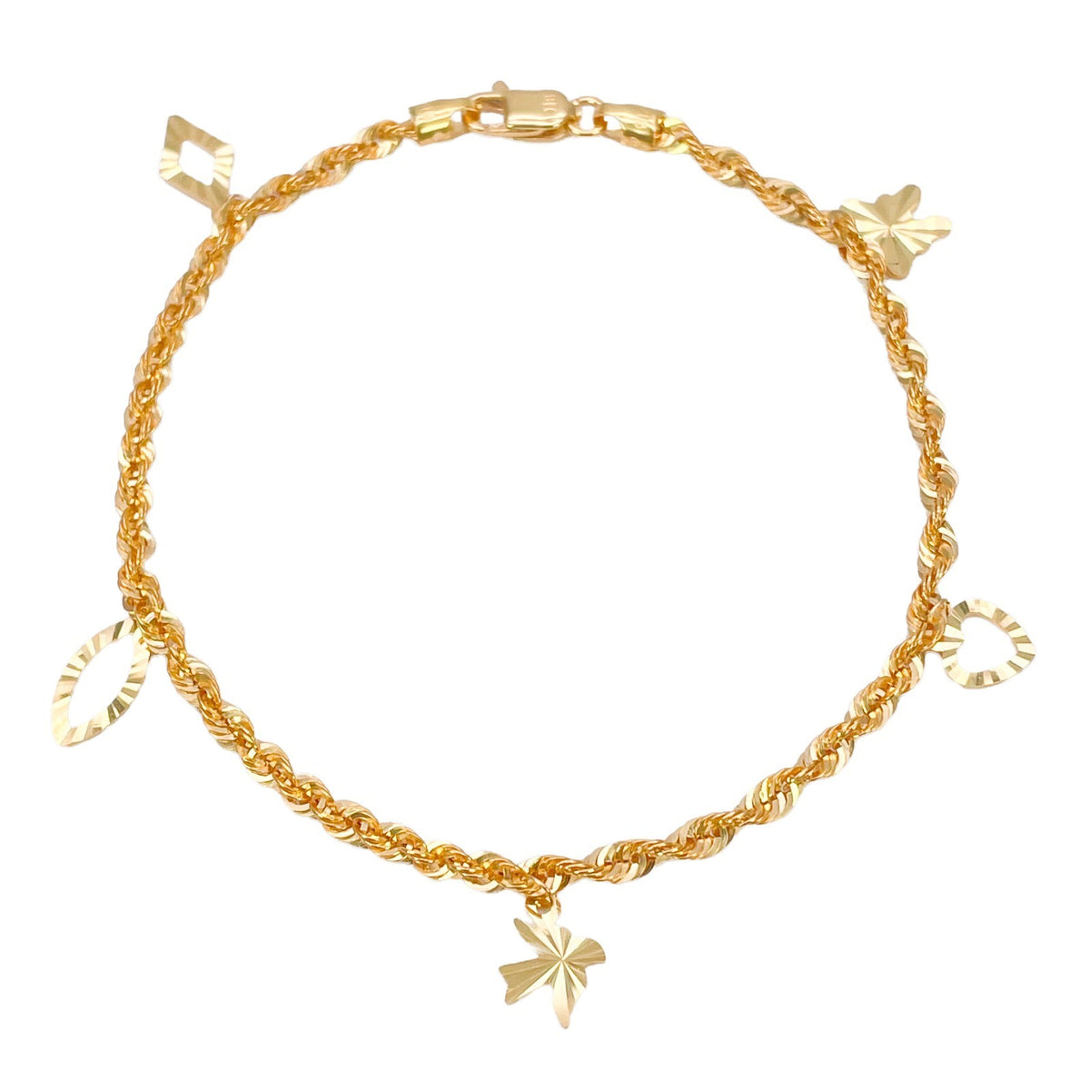 22ct Yellow Gold Lightweight Rope Chain Bracelet with Diamond Cut Open Charms
