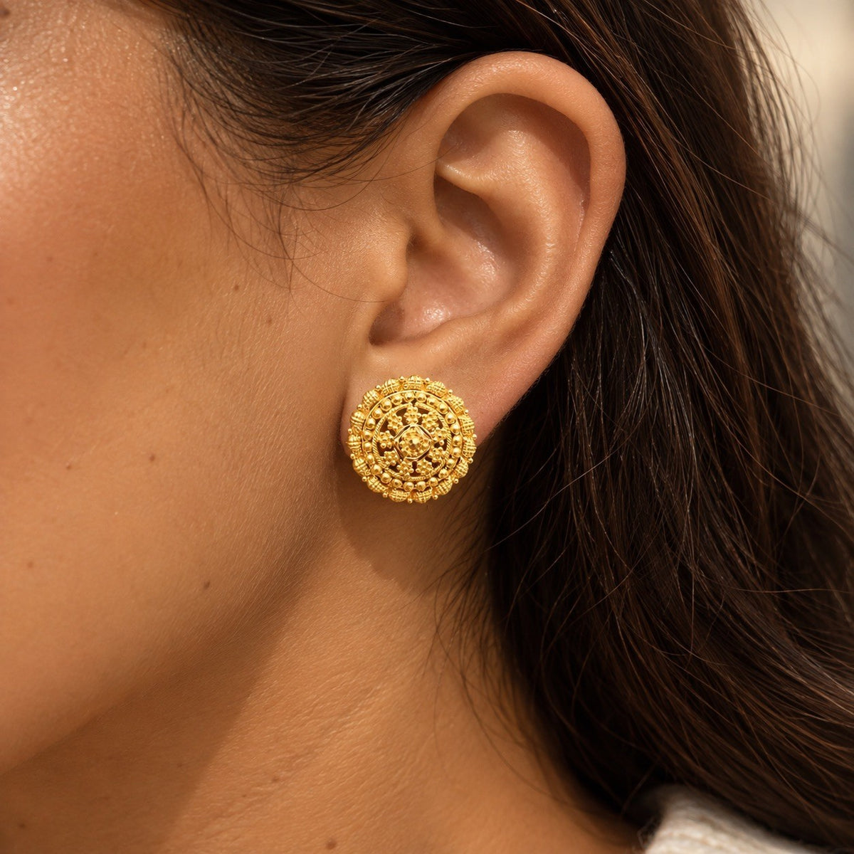 22ct Yellow Gold Rawa Work Mandala Stud Earrings Filigree Design