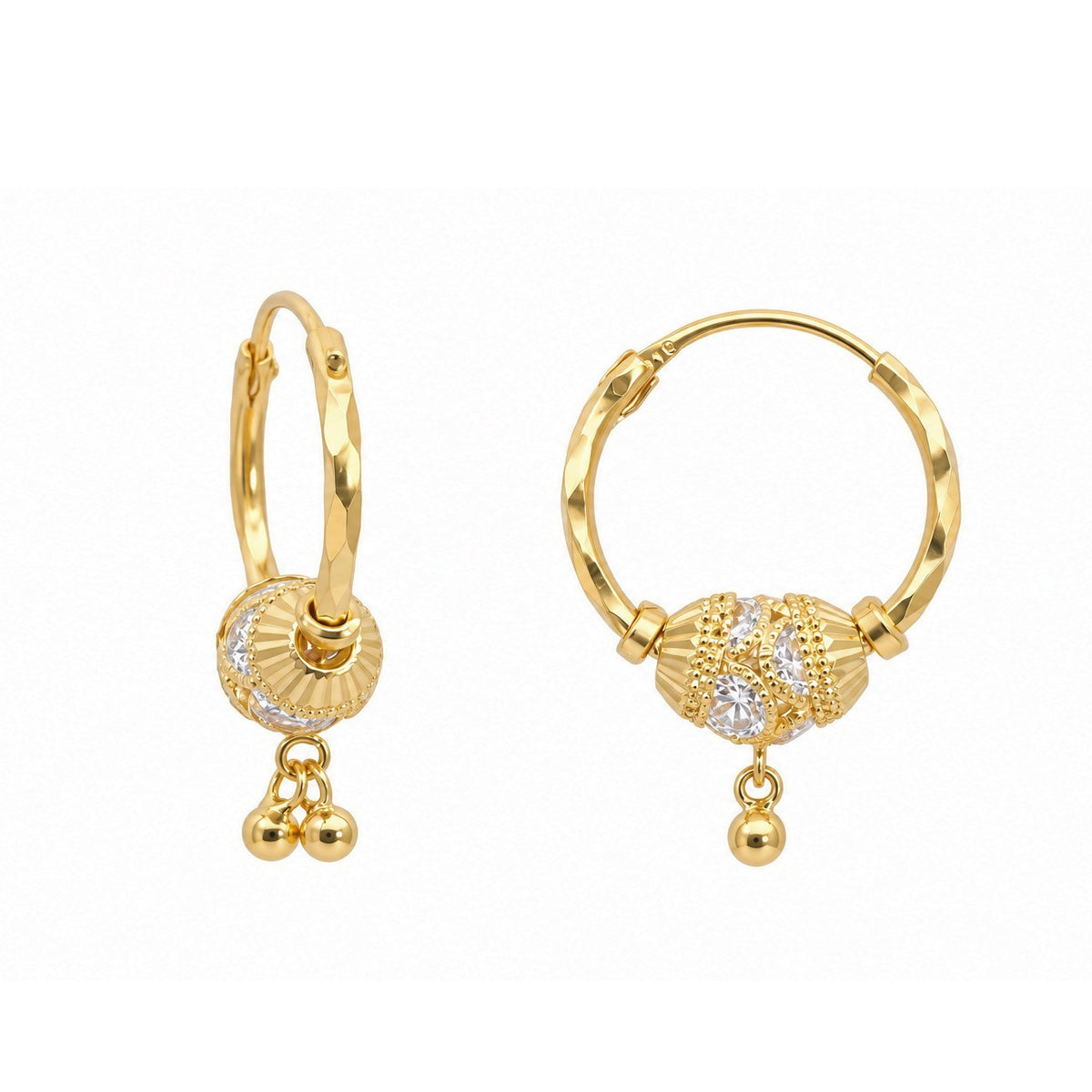 22ct Yellow Gold Cubic Zirconia Hoop Earrings Diamond Cut Double Drop