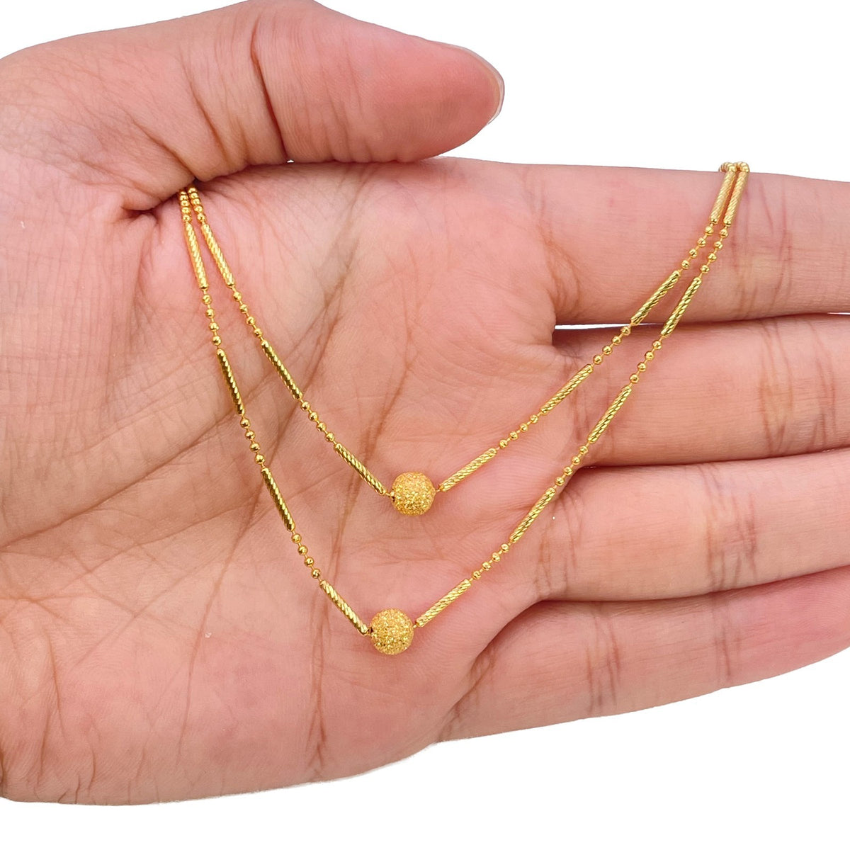 22ct Yellow Gold Double Row Layered Necklace Diamond Cut Textured Bead Design