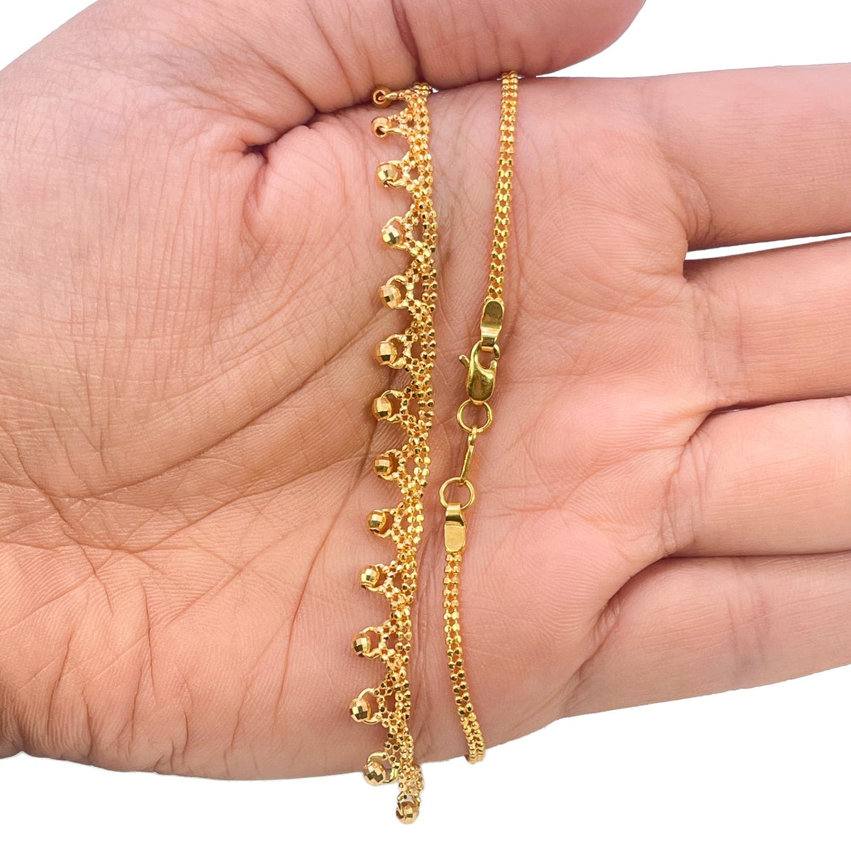 22ct Yellow Gold Fringe Necklace Diamond Cut Ball Drop Mesh Panel