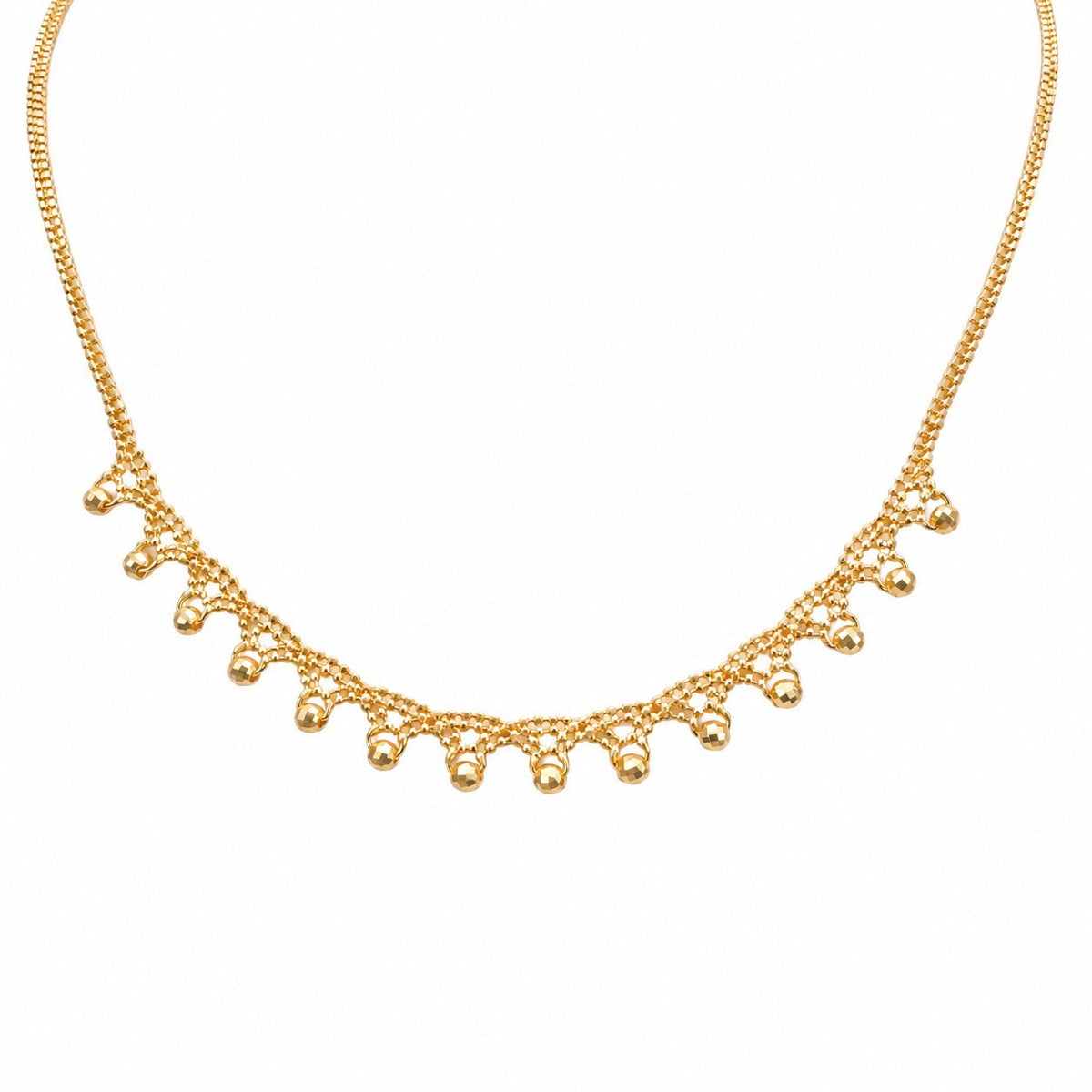 22ct Yellow Gold Fringe Necklace Diamond Cut Ball Drop Mesh Panel