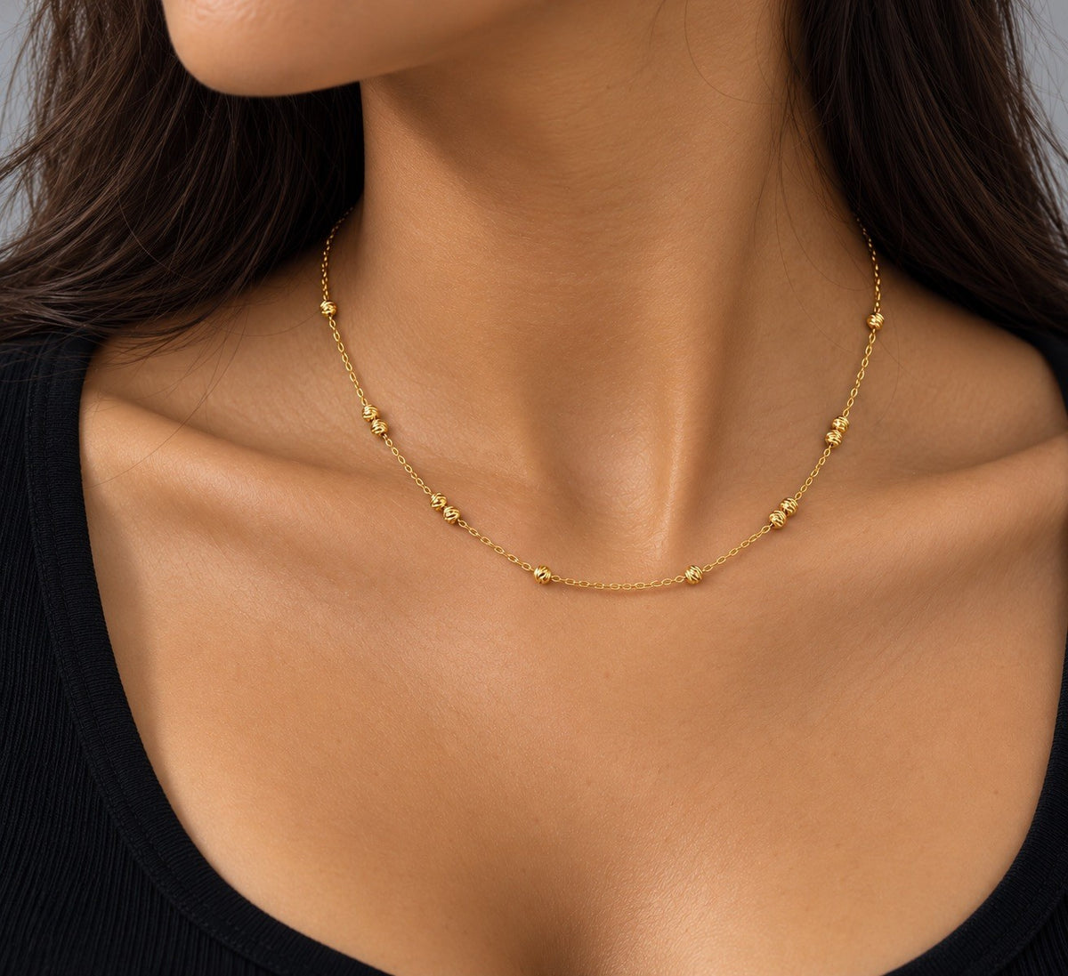 22ct yellow gold dainty bead station chain, 0.8mm width, full length view