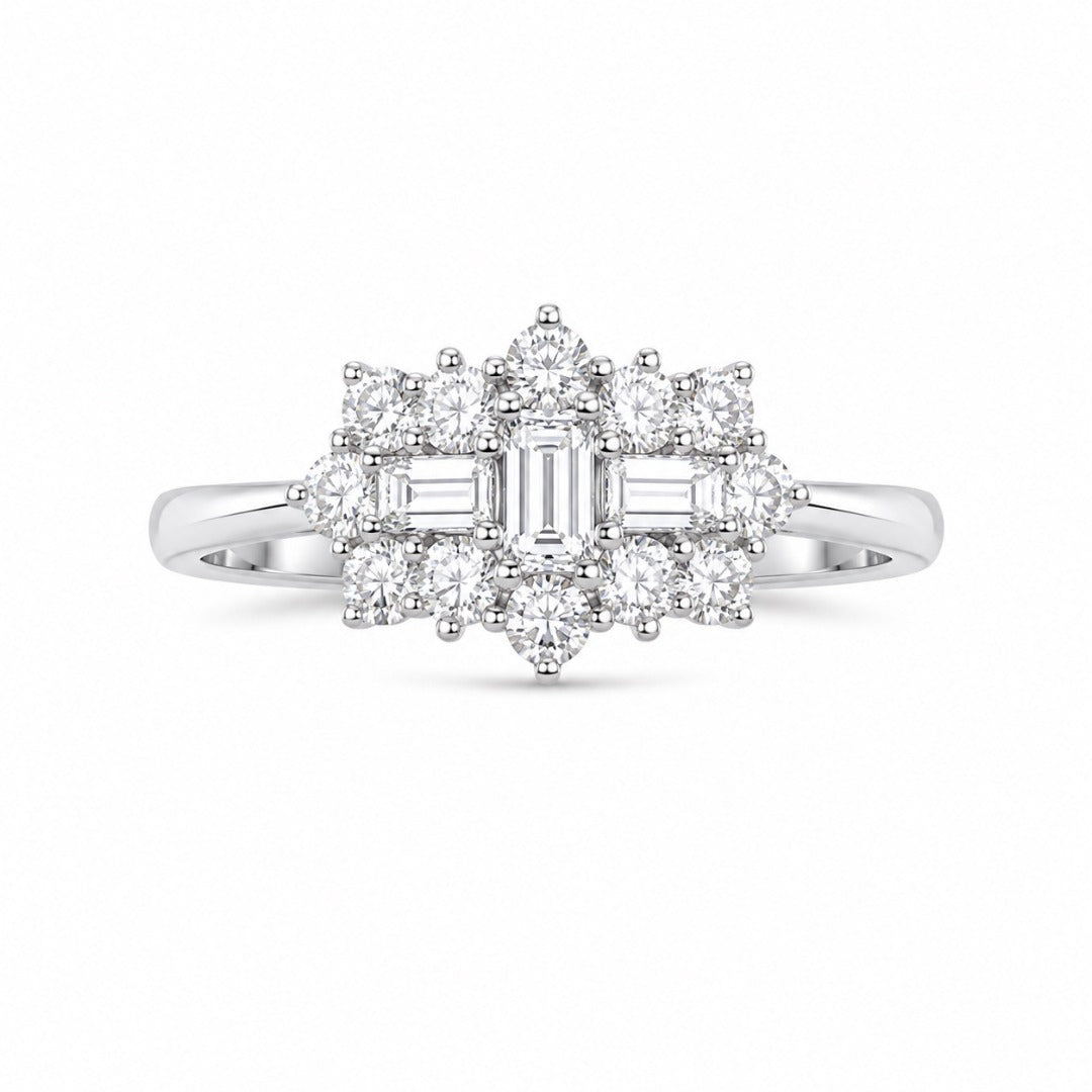 18ct White Gold Natural Diamond Baguette Round Starburst Cluster Ring 0.45ct