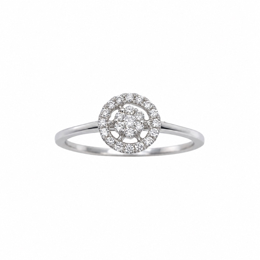 18ct white gold natural diamond round halo cluster ring with slim band, 0.17ct