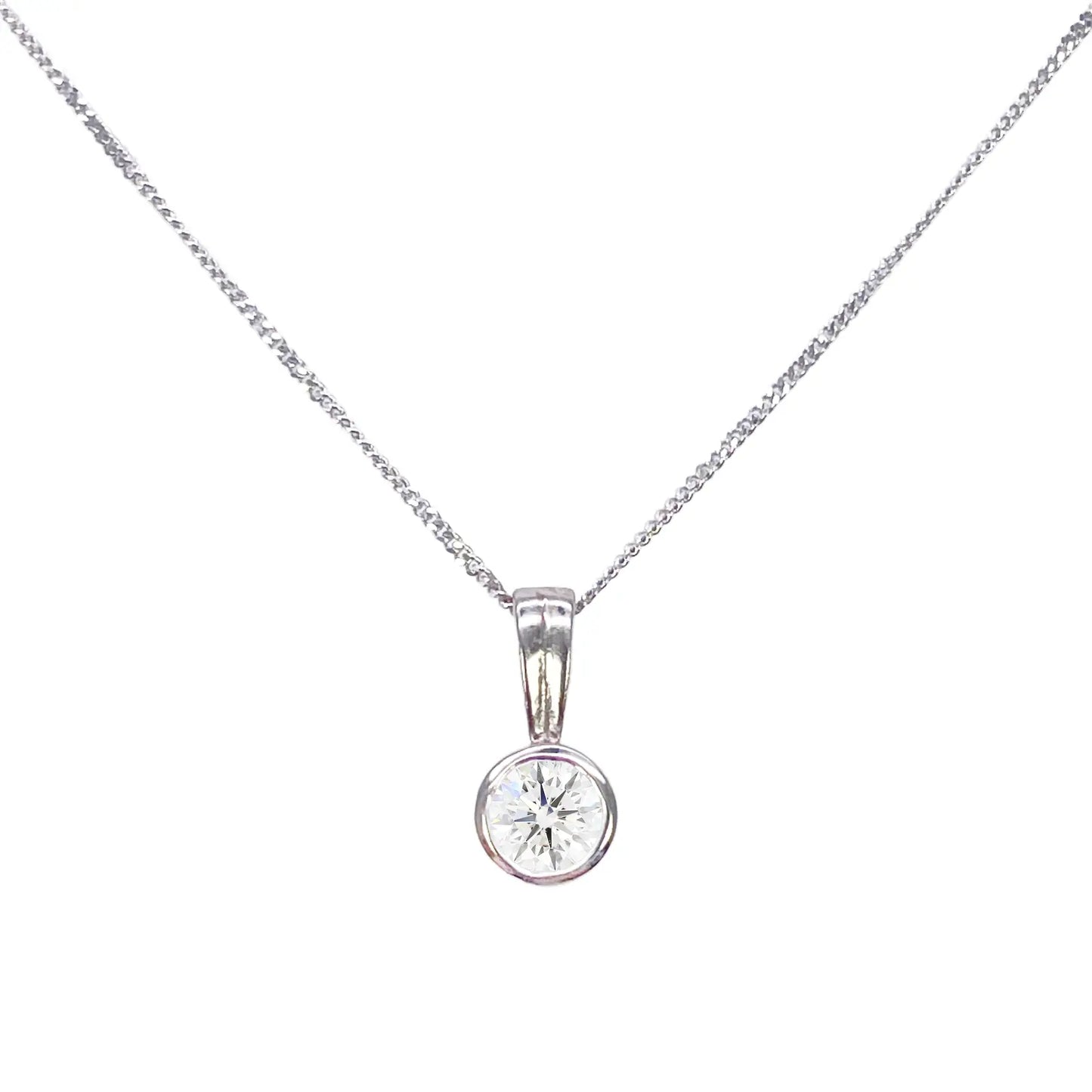 Round Natural Diamond Solitaire Bezel Rubover Set Pendant & Chain 0.50ct GIA Certified 