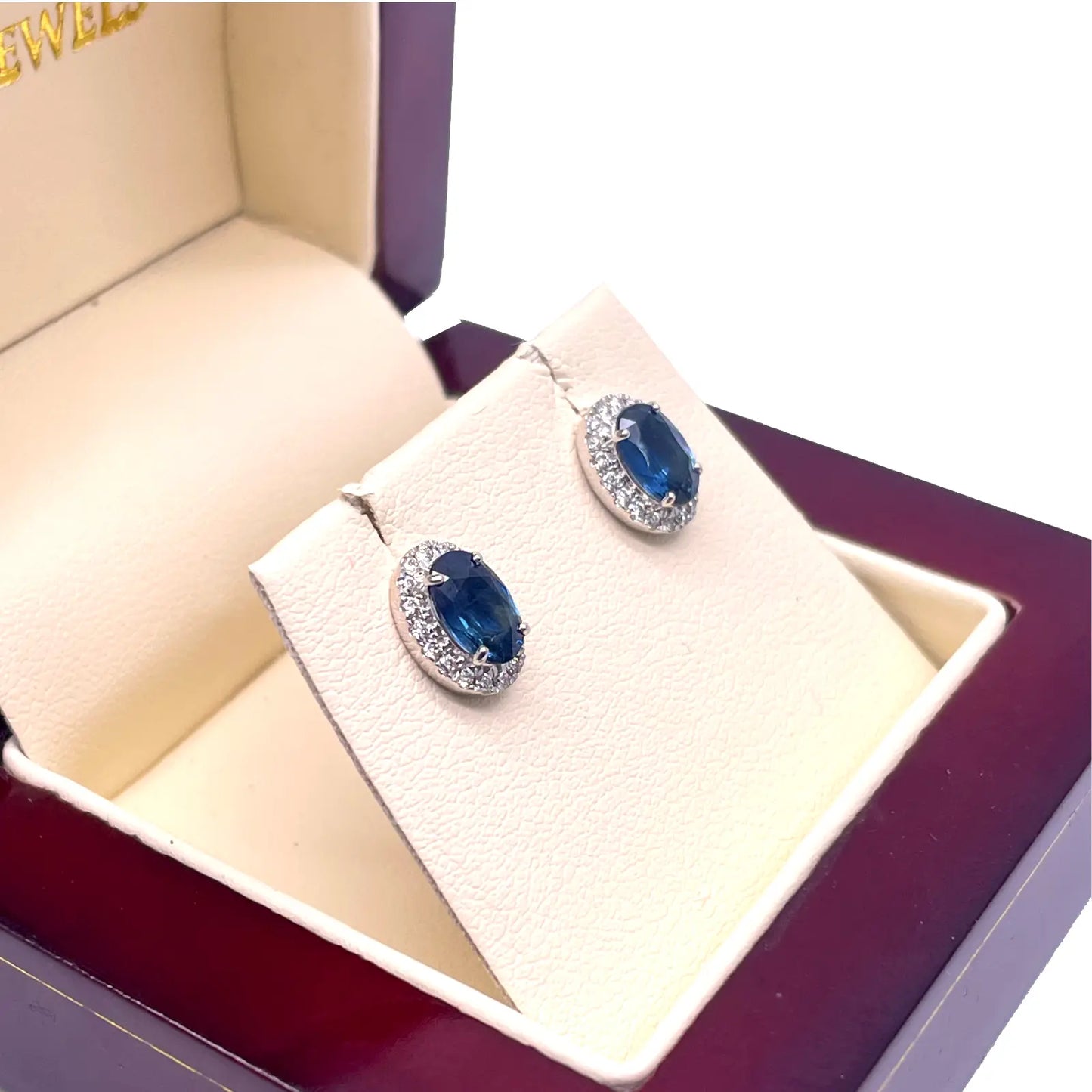 18ct White Gold Natural Oval Blue Sapphire & Diamond Cluster Earrings 0.22ct 