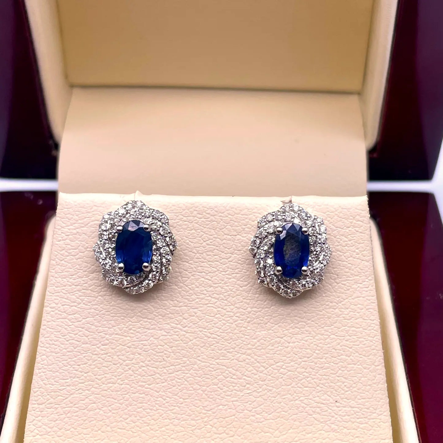 18ct White Gold Natural Oval Blue Sapphire & Diamond Cluster Earrings 0.33ct 