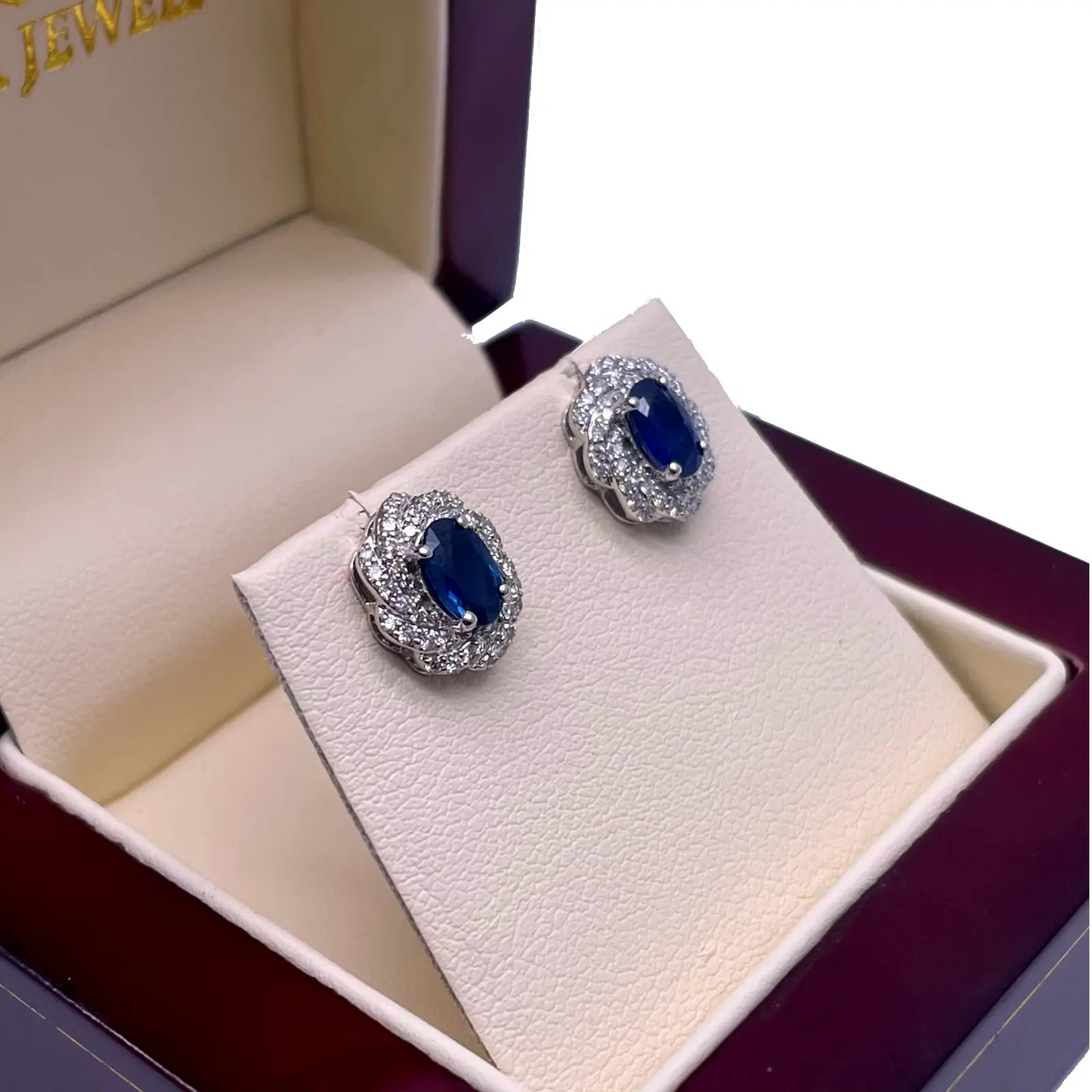 18ct White Gold Natural Oval Blue Sapphire & Diamond Cluster Earrings 0.33ct 