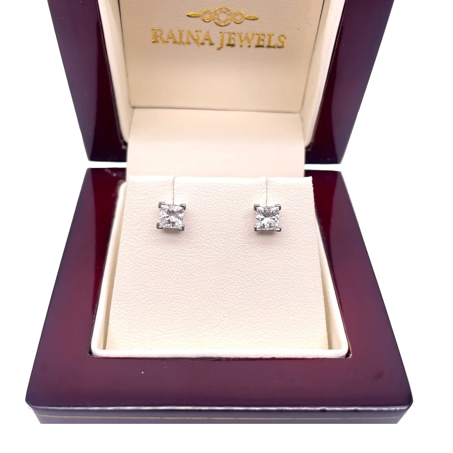 18ct White Gold Princess Cut Diamond 4-Claw Solitaire Studs 1.00ct GIA Certified 